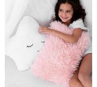 Juego de 2 almohadas decorativas para bebés y niños. Estrella blanca peluda con cara bordada para dormir y piel sintética rosa esponjosa, suave y afelpada, para cuna, guardería, dormitorio infantil o