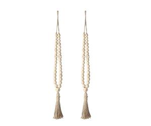 Juego de 2 alzapaños de cortina de madera con borlas y ganchos para cortinas, estilo bohemio con cuentas de madera, soportes de cortina para decoración del hogar para cortinas, alzapaños para pared