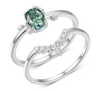 Juego de 2 anillos de boda con corte ovalado verde de 1 quilates moissanite de 18 quilates, oro blanco de 18 quilates, talla 50 (15,9)