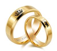 Juego de 2 anillos para parejas con texto en inglés "His Queen and Her King" de acero de titanio a juego para parejas (negro, dorado), Metal, Circonita cúbica