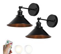Juego de 2 Apliques de Pared industriales de Color Negro Que Funcionan con Pilas, Estilo rústico, con Bombilla LED inalámbrica, lámparas de Pared Vintage for mesita de Noche con Mando a Distancia for