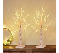 Juego de 2 Árbol de Luces de Abedul, 60 cm/2ft Arbol LED Decorativo con 24 Luces LED Blanco Cálido, Batería/USB Ajustable Lámpara de Árbol Bonsai Artificial para Navidad, Año Nuevo, Pascua, Bodas