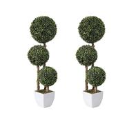 Juego de 2 árboles topiarios artificiales de boj con maceta resistente, plantas falsas, árboles de triple bola, arbustos sintéticos para decoración de porche delantero al aire libre/interior, 90 cm