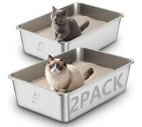 Juego de 2 Arenero Gato Acero Inoxidable, Caja de Arena Grande para Gatos, Gatitos y Conejos, Arenero Alto XXL para Gatos, Antiadherente, sin olores y fácil de Limpiar (Juego de 2, 60 x 40 x 20cm)