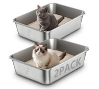 Juego de 2 Arenero Gato Acero Inoxidable, Caja de Arena Grande para Gatos, Gatitos y Conejos, Arenero Alto XXL para Gatos, Antiadherente, sin olores y fácil de Limpiar (Juego de 2, 50 x 35 x 15cm)