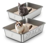 Juego de 2 Arenero Gato Acero Inoxidable, Caja de Arena Grande para Gatos, Gatitos y Conejos, Arenero Alto XXL para Gatos, Antiadherente, sin olores y fácil de Limpiar (Juego de 2, 60 x 40 x 15cm)