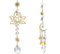 Juego de 2 atrapasueños de cristal, atrapasueños de luz, decoración de ventana, media luna dorada y diseño de loto, reflejos de luz decorativos para salón y oficina, detalles de color latón