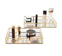 Juego de 2 bandejas de tocador de Perfume Doradas, Bandeja Rectangular de Espejo con Marco de Metal, Bandeja Decorativa para tocador, joyería de baño o decoración del hogar (L+S)