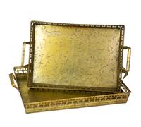 Juego de 2 bandejas decorativas de metal dorado antiguo, rectangulares, con asas, estilo vintage, 45 × 28,5 × 9 cm y 41 × 25 × 9 cm, bandeja decorativa Shabby Chic aspecto metálico