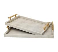 Juego de 2 bandejas Decorativas Modernas de Cuero Shagreen Marfil y Madera con Asas de Metal Pulido Dorado para otomana, Mesa de café, baño y más