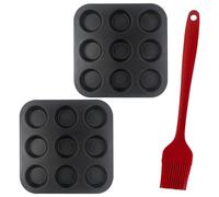 Juego de 2 bandejas para pudín Yorkshire, bandeja para magdalenas, 9 tazas, pudín Yorkshire, mini moldes para pasteles, moldes antiadherentes para hornear pasteles, bollos, cupcakes (cepillo gratis)