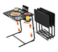 Juego de 2 bandejas plegables para TV, bandejas ajustables para comer en el sofá, mesas de madera, soporte para mate, escritorio plegable negro con portavasos portátil