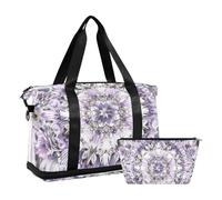 Juego de 2 bolsas de lona bohemias con diseño floral morado y gris con bolsa de aseo para yoga, púrpura gris floral boho, 1 size