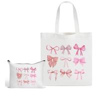 Juego de 2 bolsas de lona con lazos rosas y bolsa de maquillaje con lazo rosa, bonita bolsa de maquillaje de coqueta, reutilizable y lavable, bolsa de compras de comestibles para mujeres y niñas