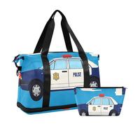 Juego de 2 bolsas de viaje con correa ajustable para el fin de semana con diseño de caricatura azul de policía, Coche de policía azul de dibujos animados, 1 size