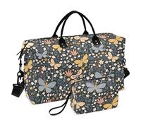 Juego de 2 bolsas de viaje grandes con diseño floral de mariposas y pradera, para fin de semana/noche, gimnasio, deportes, con bolsa de aseo para deportes, juego de 2 piezas