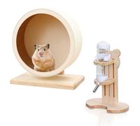 Juego de 2 botellas de madera para hámster con soporte, 20 cm, rueda de hámster de madera, botellas de agua de 125 ml, rueda silenciosa con rodamiento de bolas para animales pequeños, hámsters