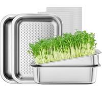 Juego de 2 brotes de cultivo de acero inoxidable para brotes, 26 x 19 cm, bandeja de cultivo de semillas, set de cultivo de berros, cuenco para brotes, cupones de semillas para brotes, microgreens
