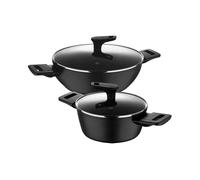 Juego de 2 cacerolas bajas ø20cm (2,2l) + ø28cm (4,2l) con tapas en aluminio forjado color negro copper bergner