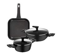 Juego de 2 cacerolas bajas ø20cm (2,2l) + ø28cm (4,2l) con tapas en aluminio forjado + sartén grill 28x28cm en aluminio fundido copper bergner