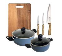Juego de 2 Cacerolas con tapa de Ø20Ø24cm en Aluminio prensado color Azul + 3 Cuhillos en acero inoxidable + Tabla de corte 40x25cm NOIA San Ignacio