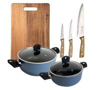Juego de 2 Cacerolas con tapa de Ø20Ø24cm en Aluminio prensado color Azul + 3 Cuhillos en acero inoxidable + Tabla de corte 40x25cm NOIA San Ignacio