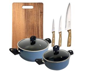 Juego de 2 Cacerolas con tapa de Ø20Ø24cm en Aluminio prensado color Azul + 3 Cuhillos en acero inoxidable + Tabla de corte 40x25cm NOIA San Ignacio