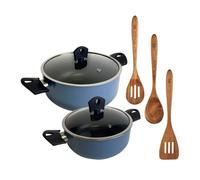 Juego de 2 Cacerolas de Ø20Ø24cm con tapa en Aluminio prensado color Azul + Set de 3 Utensilios de madera NOIA San Ignacio
