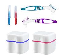 Juego de 2 cajas de prótesis, estuche para dentaduras dentales, caja de almacenamiento para prótesis, caja de almacenamiento de dentaduras con 2 cepillos de limpieza de prótesis, para aparatos