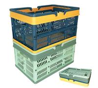 Juego de 2 cajas plegables de plástico sólido con asas, cesta de almacenamiento plegable apilables, 30 x 20 x 15,5 cm para almacenamiento de cocina, dormitorio, oficina, jardín (azul y verde)