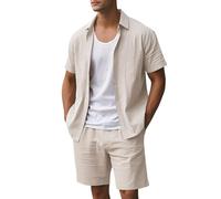 Juego De 2 Camisetas para Hombre, Ligero Y Suave Camisas De Manga Corta de Algodón y Lino con Cuello Vuelto con Bolsillo Pantalones Cortos Verano Monocolor Beach Conjunto De Flores