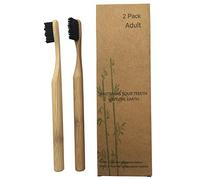 Juego de 2 cepillos de dientes de bambú con mango redondo y cerdas de carbón activo de bambú, 100% reciclables, respetuosos con el medio ambiente