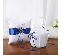 Juego de 2 Cestas de Boda para Niña con Flores Y Almohadas para Portador de Anillos, Cesta de Boda de Satén Blanco con Diamantes de Imitación de Doble Corazón Y Juego de Almohadas para(Azul)