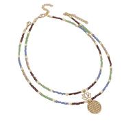 Juego de 2 collares de fantasía de perlas de cristal multicolor, con colgante de flor de loto y geométrica, dorados, joyas para mujer de moda bohemia, 38/43 cm, Unique, Vidrio, No es una piedra