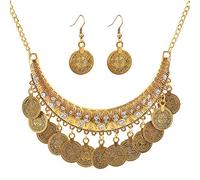 Juego de 2 collares y aretes étnicos retro bohemios tallados con moneda, juego de joyería india gitana vintage para mujer