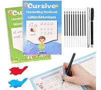 Juego de 2 cuadernos de escritura cursiva ranurada para niños y adultos, juego de cuadernos de ejercicios cursivos reutilizables con bolígrafos y recargas, para aprender a escribir guiones cursivos