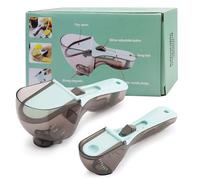 Juego de 2 cucharas medidoras ajustables con mangos extraíbles y escalas deslizantes para ingredientes secos y líquidos. Compacto y preciso con orificio para colgar, ideal para la cocina.