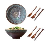 Juego de 2 cuencos para sopa con palillos, tenedor y cuchara, 1200 ml, cuenco de ensalada de cerámica para fideos udon asiáticos, cuenco grande de 20 cm (cola de pavo real)