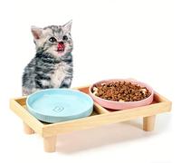 Juego de 2 cuencos planos para gatos con soporte de madera, 2 cuencos de cerámica de 16 cm, comedero elevado de 36 x 18 x 7,5 cm, color rosa y azul