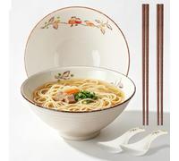 Juego de 2 cuencos ramen de cerámica de 1200 ml con palillos y cucharas, 20 cm, cuenco grande, microondas y lavavajillas para pasta, sopa, pho, ensalada (A)