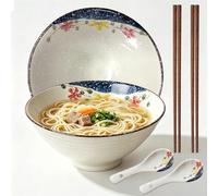 Juego de 2 cuencos ramen de cerámica de 1200 ml con palillos y cucharas, 20 cm, cuenco grande, microondas y lavavajillas para pasta, sopa, pho, ensalada (B)