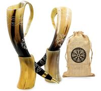 Juego de 2 cuernos vikingos para beber con soporte y bolsa de regalo, tazas de cuerno de buey hechas a mano con runa Vegvisir grabada, jarras de Mead & Ale, juego de regalo medieval inspirado en la