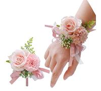 Juego de 2 de rosas, ramillete de muñeca para hombres boda, de rosa blanca para mujer, ramillete de muñeca para novia, dama de honor, ramillete de muñeca para bodas, fiestas, decoraciones (rosa)