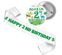 Juego de 2 decoraciones de cumpleaños para niño, 2 piezas de decoraciones temáticas de dinosaurios con banda de feliz 2 cumpleaños Roar I'm 2nd Badge para niños de dos años de edad, suministros de