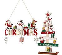 Juego de 2 decoraciones de Navidad de madera y letreros de Feliz Navidad, decoraciones colgantes de Navidad incluyen placa de Navidad de madera y decoraciones de árbol de madera para decoración de