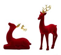 Juego de 2 decoraciones de reno de Navidad flocadas, estatuas de ciervo de resina roja y verde para exhibición de mesa de vacaciones, adornos festivos de jardín para decoración de temporada de fiesta