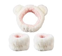 Juego de 2 diademas de felpa con orejas de oso de dibujos animados para mujer, para lavar la cara y maquillarse (blanco)