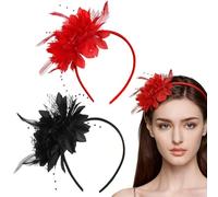 Juego de 2 diademas de plumas con flores artificiales, plumas fascinantes de los años 20 para mujer, para bodas, carnavales, cócteles o bailes de máscaras, decoración de estilo retro (rojo, negro)