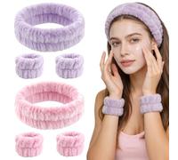 Juego de 2 diademas de spa y muñequeras para el pelo, 2 bandas para el pelo y 4 muñequeras para lavarse la cara, cuidado de la piel y maquillaje, toallas absorbentes de microfibra para muñecas