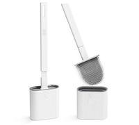 Juego de 2 escobillas de baño y soporte de silicona con mango de plástico largo antideslizante y cerdas suaves flexibles, escobillas de inodoro con soportes y base antigoteo, color blanco